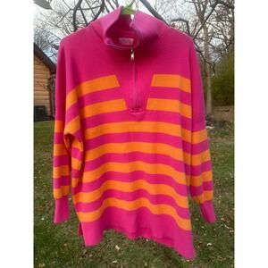 Pink Lily Womens Pulling Heartstrings|Pink &Orange Stripe Quarter Zip Pullover|S